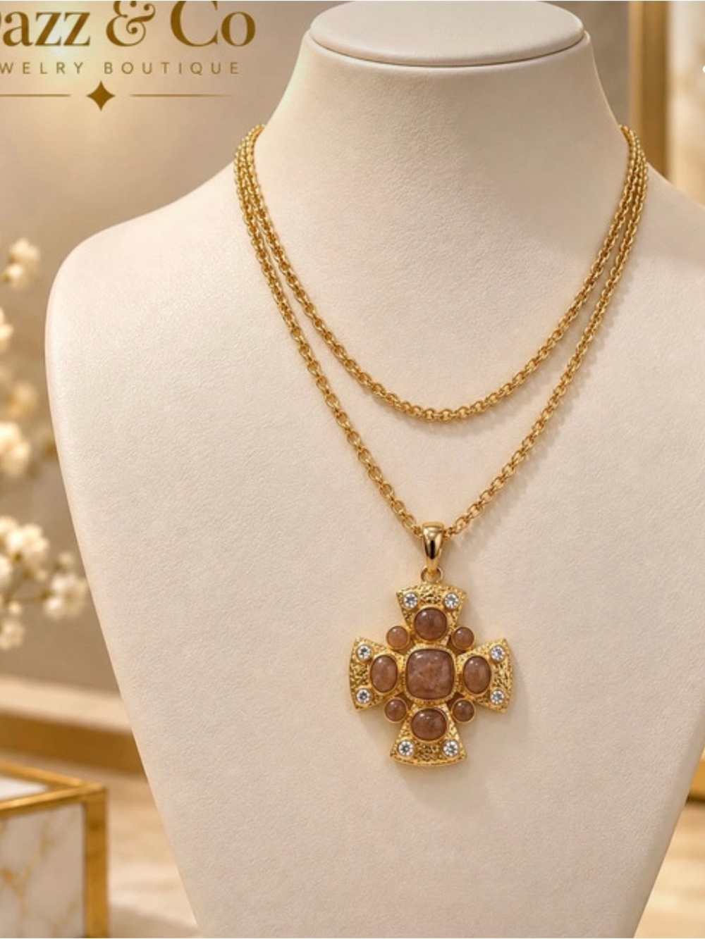 Joan Rivers Cross Pendant Necklace in Gold & Brown Like New